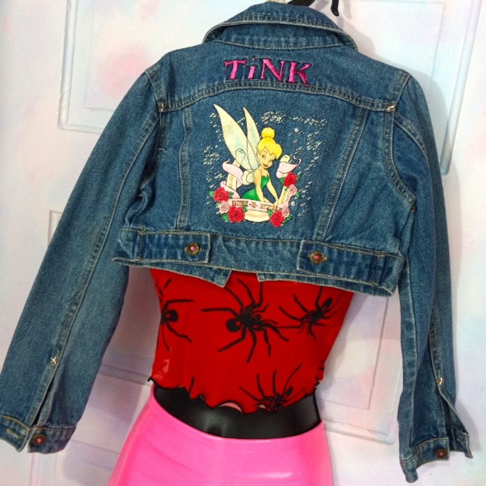 OOAK custom Tinkerbell Disney vintage rare cropped denim Jacket! Fairy Baby!
